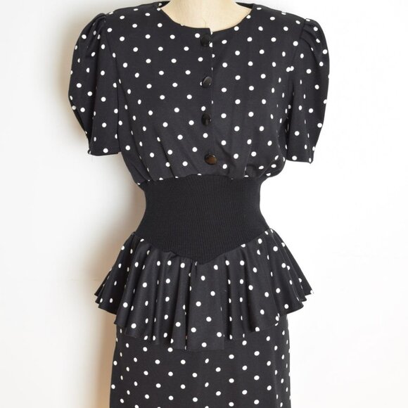 vintage 80s dress black white polka dot print peplum ruffle secretary puff M - Picture 2 of 9